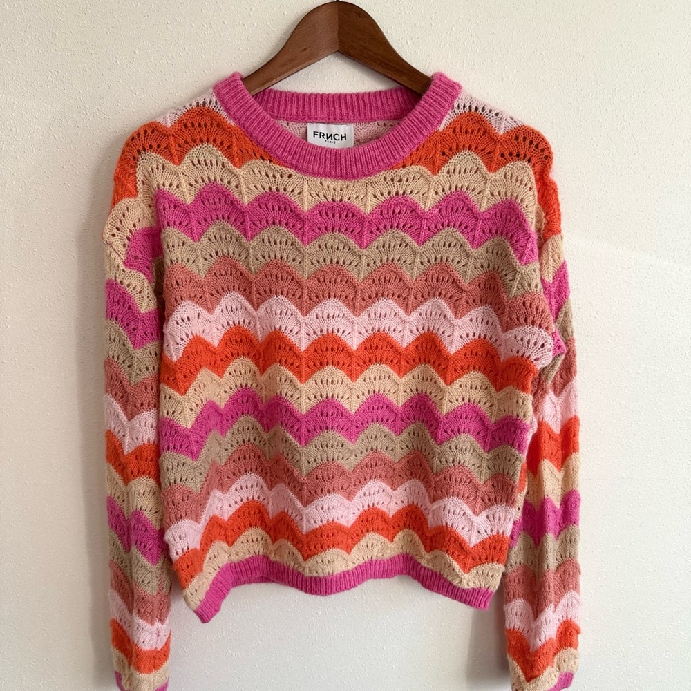 FRNCH Paris Mohair Wool Chevron Sweater M Pink Orange Scallop Knit